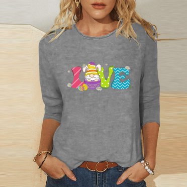 Xihbxyly Hauts Décontractés pour Femmes T-shirt à Col Rond Imprimé de Pâques à Manches 3/4 T-shirt à Col Rond Chandail à Enfiler Tendance à Petit Budget