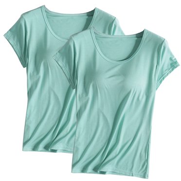 Kaemgyyd Plus Size Tops for Women 2 Pack Short Sleeve Built in Bra T-Shirts Cozy Basic Solid Crew Neck Pajamas Tee Sleepwear