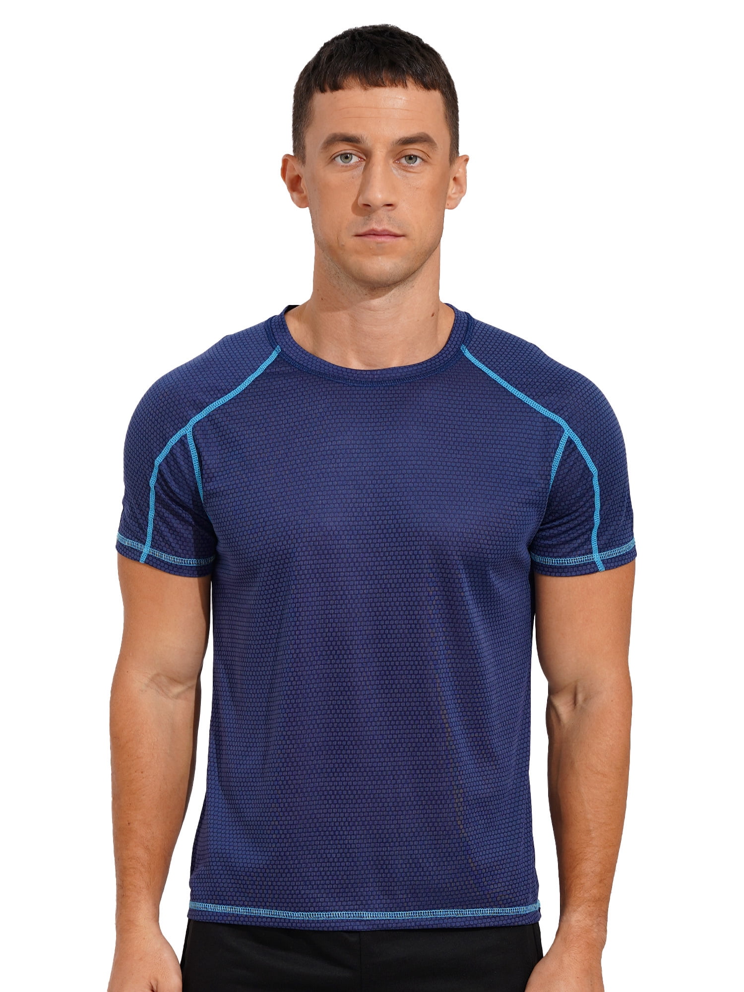 Moggemol Men's Rash Guard Swim Shirts Short Sleeve UPF 50+ Swimming Top Gym Workout Muscle Tee Tops Dark Blue 2XL