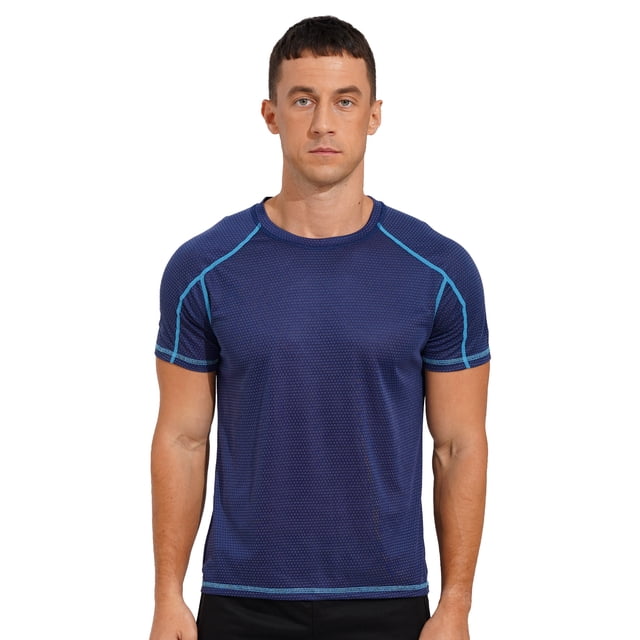 Raenseen Men's Rash Guard Swim Shirts Short Sleeve UPF 50+ Swimming Top Gym Workout Muscle Tee Tops Dark Blue 2XL
