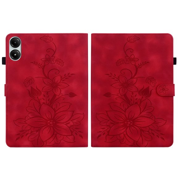 XYX Tablet Case for Redmi Pad Pro 12.1 inch 2024 Released, Lily Flower Pattern PU Leather Multiple Viewing Angles Stand Slim Folio Tablet Cover (Red)