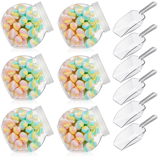 CHUANK 6 Pcs Plastic Candy Jar with Lid for Candy Buffet with 6 Pcs Mini Acrylic Plastic Kitchen Scoop 7.7 oz Clear Candy Container Plastic Cookie Jar for Kitchen Counter