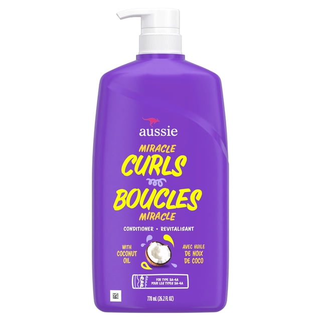 Aussie Miracle Curls à l'Huile de Noix de Coco, Revitalisant Sans Parabènes en Bouteille à Pompe Violette avec Texte Jaune et Blanc, Conçu pour les types de Cheveux Bouclés 3A-4A, Contenant 778 ml (26,2 fl oz), Enrichi d'Huile de Noix de Coco pour Hydrater et Nourrir les Boucles.
