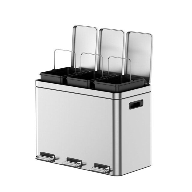 2 x 4-Gallon Garbage Can for Kitchen, 2 Compartments for Recycling and Trash, Plastic Inner Buckets and Hinged Lids, Wide Stainless Steel Shape (15 + 15 for 30L Total), Silver