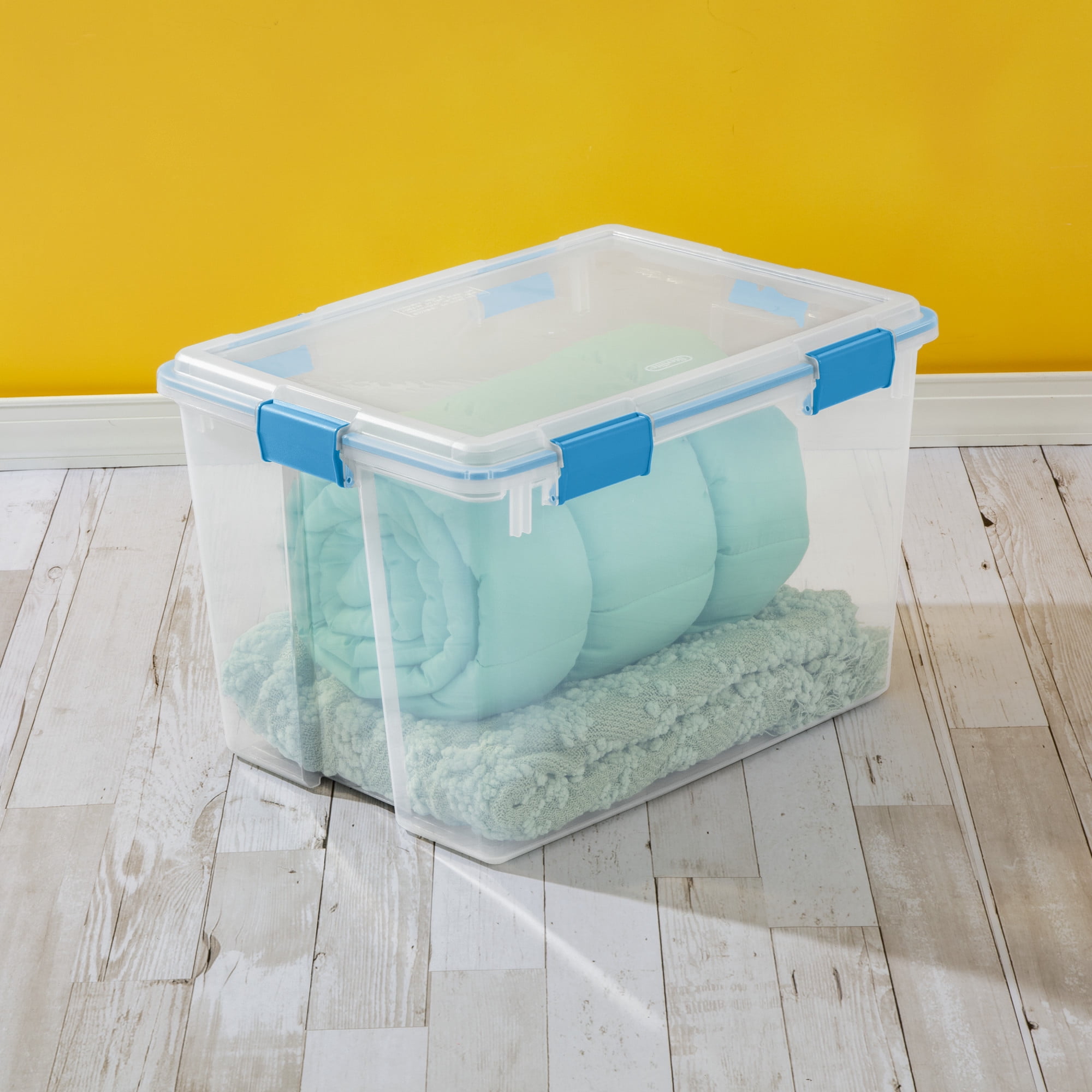 Sterilite Boîte à joint d’étanchéité de 71 L, grand bac de rangement transparent résistant aux intempéries avec couvercle à loquet, bleu