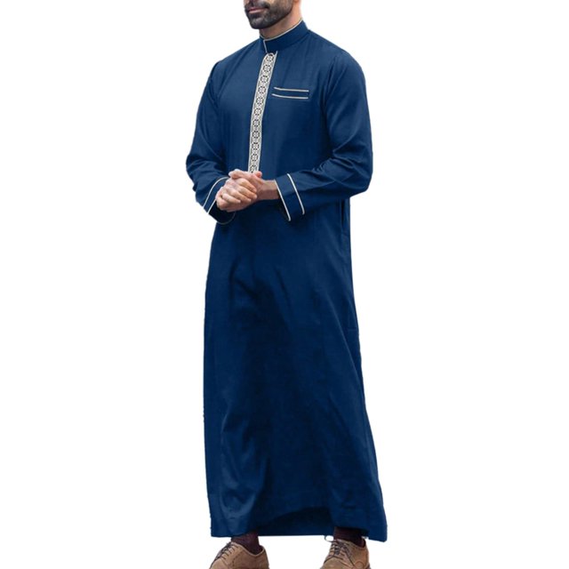 Wdgfv Caftan pour Homme Thobe Coton Manches Longues Brodé Col Montant Arabe Ample Robe pour Homme