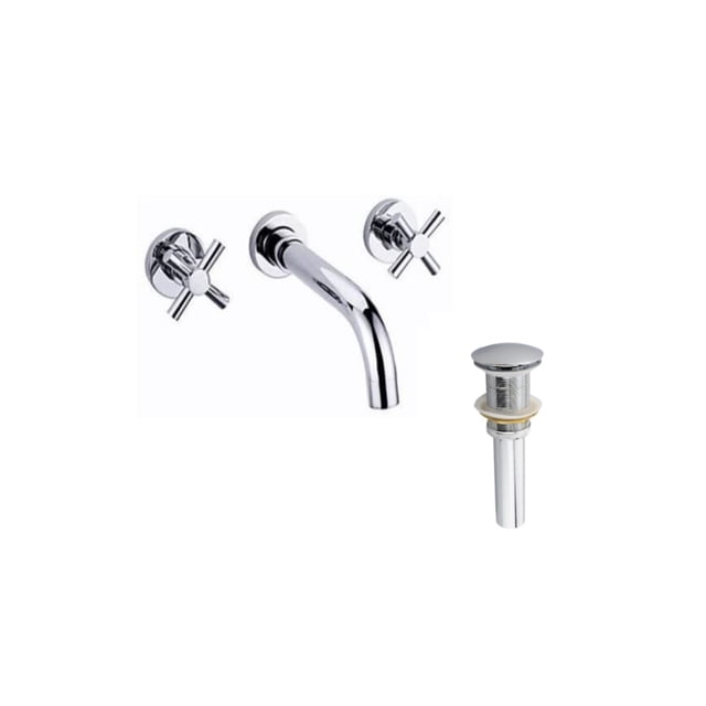 DROP Bath and Kitchen DR091445 Bathroom Sink Faucet Set with round shape in chrome from the Wheel series, wall-mounted with two cross handles and curved spout, includes a chrome drain without overflow, made of brass with a contemporary design.