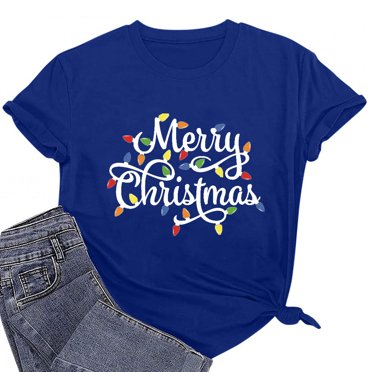 Meichang T-Shirt de Noël pour Femmes, Drôle, Joyeux Noël, T-Shirts à Lettres Imprimées, Manches Courtes, Col Rond, T-Shirt des Fêtes, Hauts Cadeau de Noël