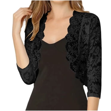 yoeyez Light Cardigans for Women Summer,Women's Floral Lace Bolero Shrug 3/4 Length Sleeve Sheer Crochet Cropped Cardigan Black,L