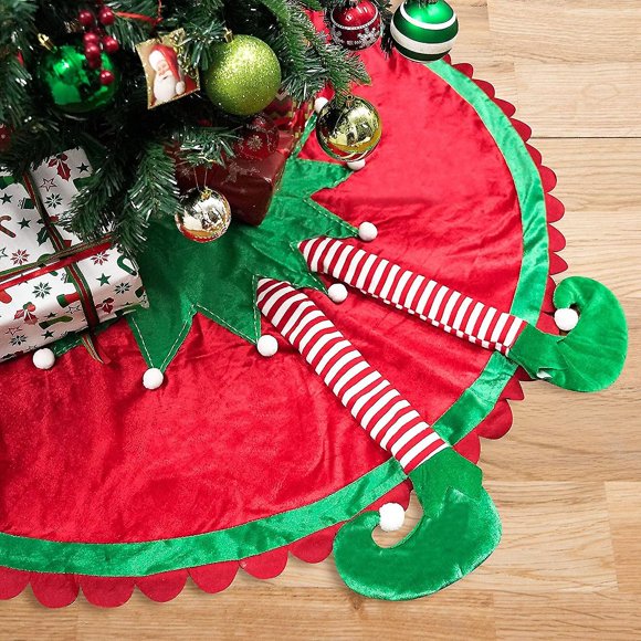48" Big Elf Christmas Tree Skirt With Candy Striped Legs And Ripple Trim Border, Xmas Elf Themed Decoration,tree Ornaments, Santa Helper Under Tree Id--(Bmatwk)