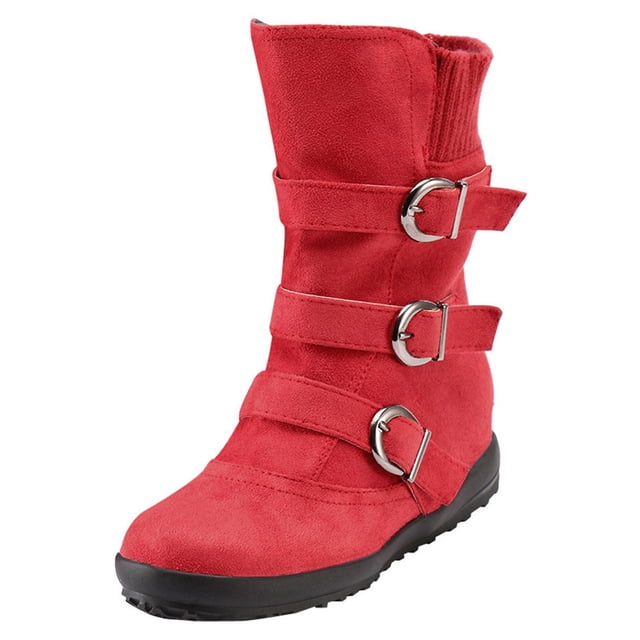 jsaierl Women Suede Round Toe Zipper Flat Pure Color Buckle Strap Keep Warm Snow Boots