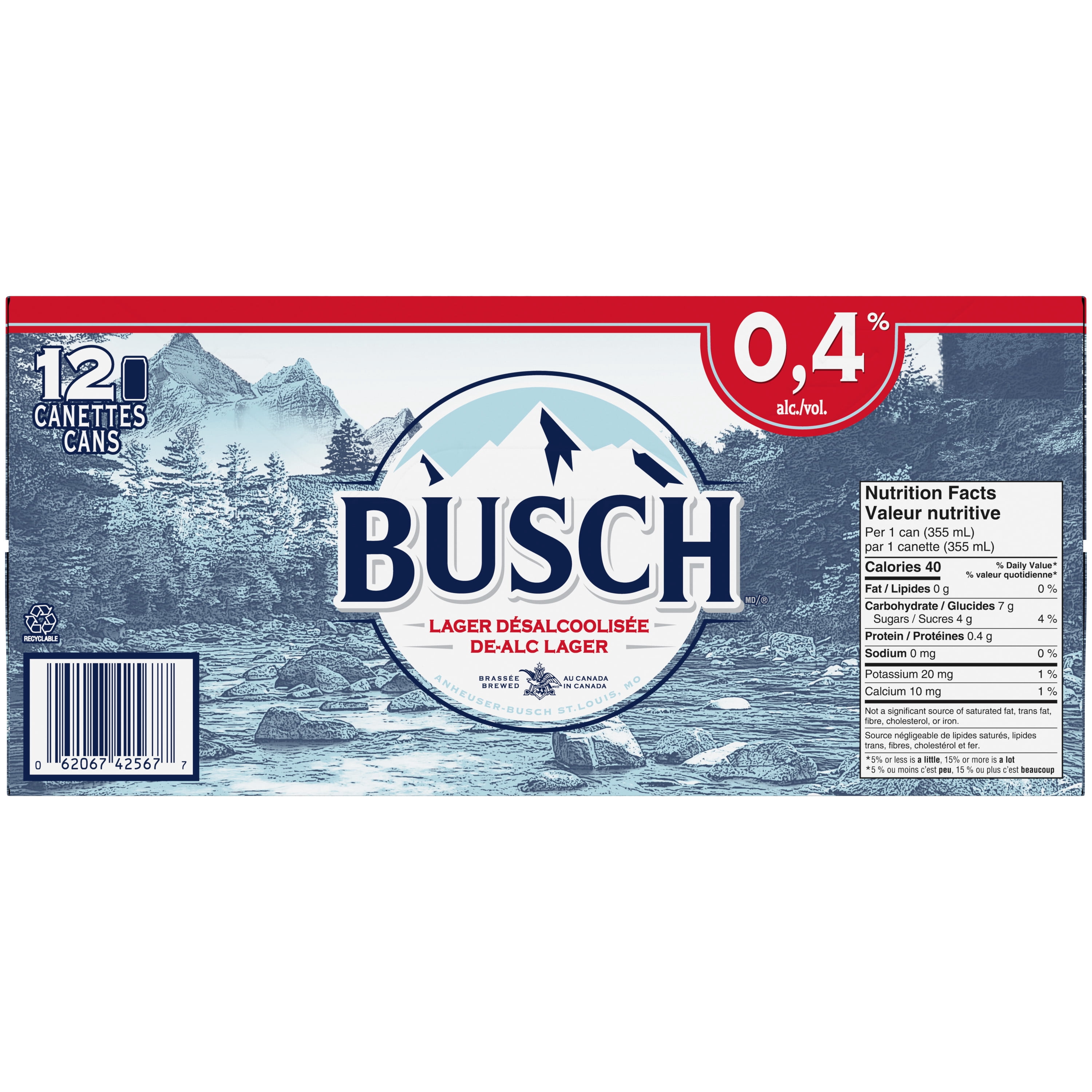 Bière désalcoolisée Busch, canettes de 355 mL, goût léger, teneur en alcool de 0,4 %