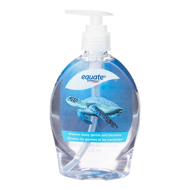 Equate Liquid Hand Soap- 225mL, Original Clear Formula in a transparent pump bottle with a blue sea turtle label, moisturizing hand soap that washes away germs and bacteria, fresh scented and refillable for convenient hand care.