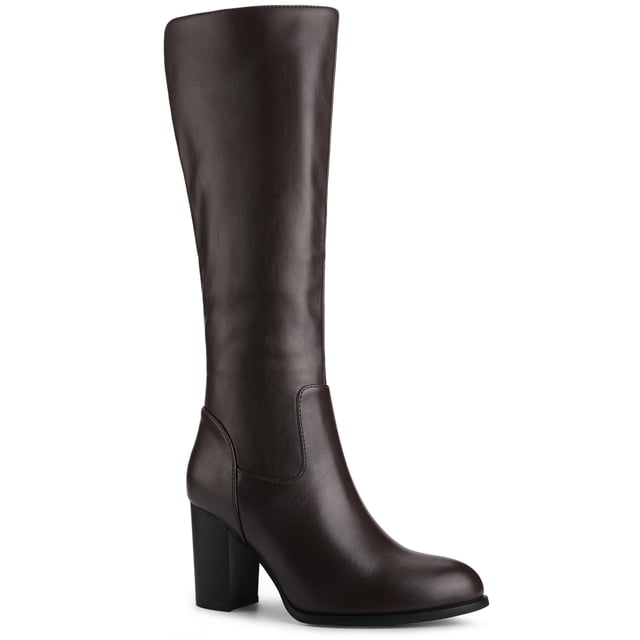 Unique Bargains Bottes Hauteur Genou à Bout Rond à Talon Bloc pour Femme Café US 7.5