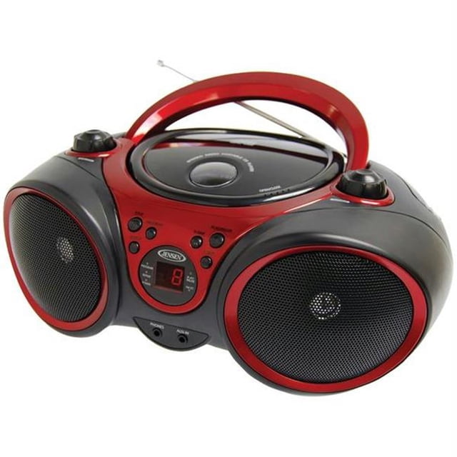 Portable Stereo CD Player with AM-FM Stereo Radio and boombox functionality, featuring a top-loading CD compartment, LED track display, and multicolour design. Includes dual front-facing speakers, telescopic antenna, foldable carrying handle, and auxiliary input jack for connecting iPod, MP3, or other digital audio players. Compatible with CD-R/RW formats and powered by 120V AC or 6 C batteries (not included).