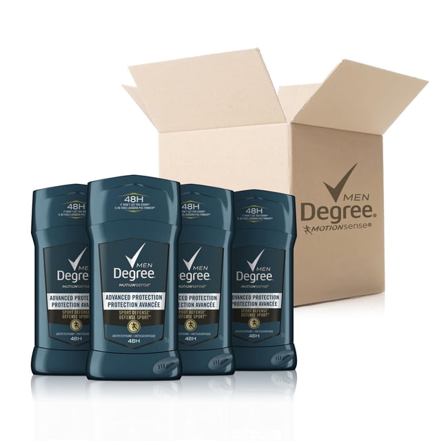 Degree Men Sport Defense Antiperspirant Value Pack with four dark blue sticks providing 48-hour advanced sweat and odour protection powered by MotionSense technology, displayed with an open cardboard box branded with Degree Men and MotionSense logos, suitable for active men needing reliable freshness.