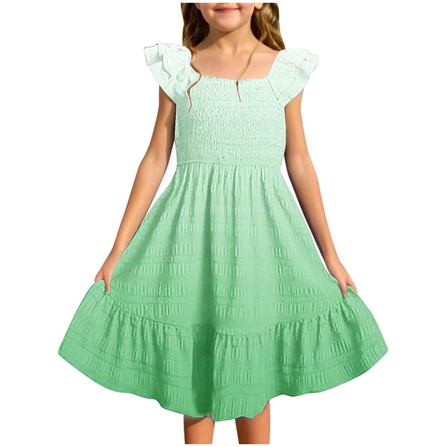 MIASHUI Robe d'Écolière pour Filles à Manches Volantées, Extensible, Ligne A Évasée, Vert Pâle, 4-5 Ans
