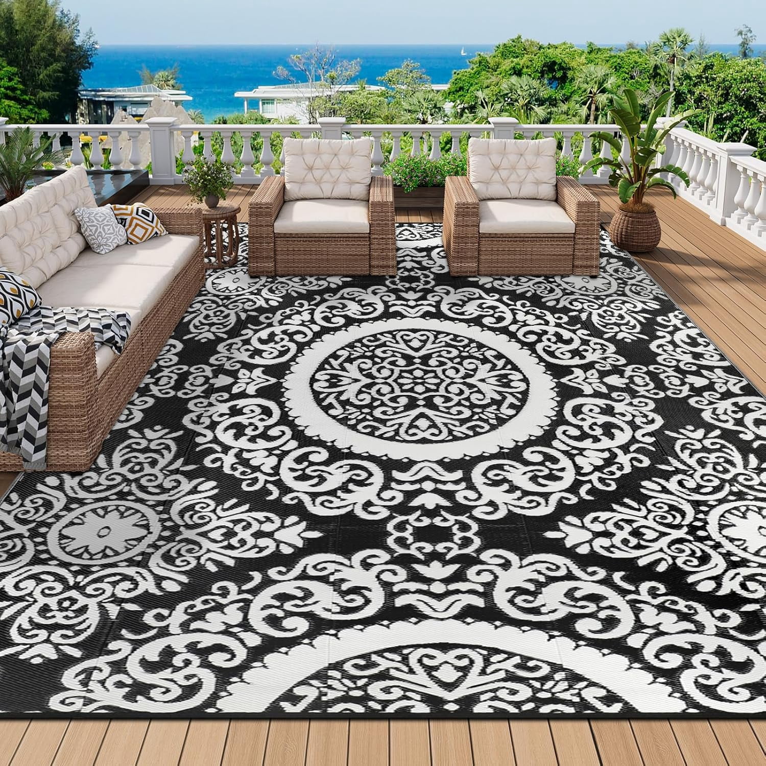Outdoor Rug x Outdoor Carpet Reversible Patio Rug for Camping Large Outdoor Plastic Straw Area Rug Portable Geometric Mats for RV Backyard Deck Porch Beach Picnic Teal