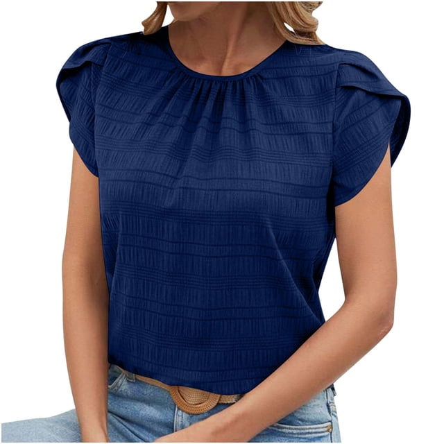 Tnhcen Blouses en Mousseline Unies à Col Rond pour Femmes / Chemises à Manches Pétales à Manches Courtes P-2TG / Hauts Élégants