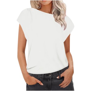 AherBiu Hauts pour Femmes Décontractés Amples Basiques d'Été Col Rond Manches Courtes Tuniques Couleur Unie T-Shirts Confortables