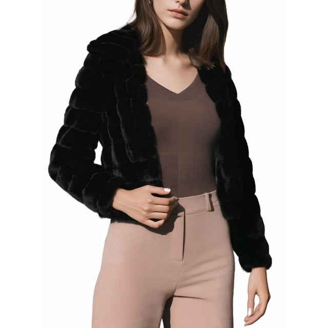 INSPIRE CHIC Women's Faux Fur Turn Down Collar Open Front Cropped Fluffy Jacket L Black