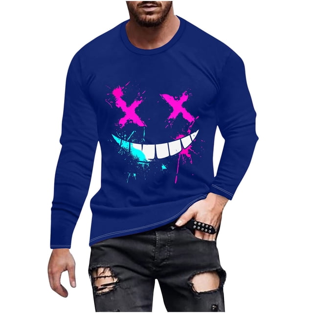 Haut Imprimé à la Mode pour Hommes avec Col Rond à Manches Longues et Visage Souriant Haut/chemise Impriméx