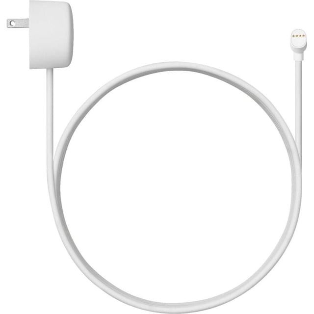 Nest Cam Weatherproof Cable with a 5-meter white weatherproof cable and power adapter featuring a two-prong plug and magnetic gold-plated connector, designed for continuous outdoor power supply to Google Nest security cameras and suitable for hardwiring to avoid battery charging.