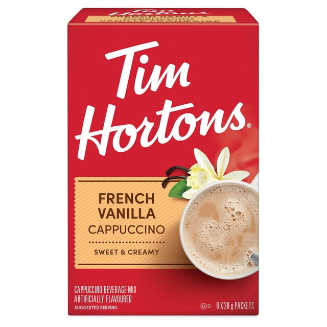 Tim Hortons French Vanilla Cappuccino instant coffee mix box in red packaging featuring a steaming cup of frothy cappuccino with vanilla flowers and pods, labeled sweet and creamy, containing 8 packets of 28 grams each, suitable for quick and convenient coffee preparation.