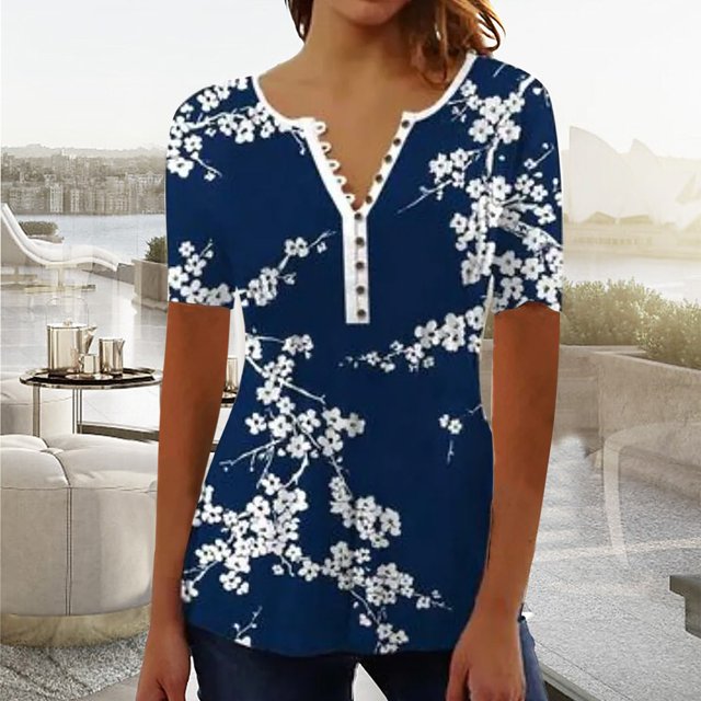 EGNMCR T-Shirts pour Femmes Femmes Mode Été Pli Imprimé Régulier Femmes Manches Courtes Col en V Bouton Haut