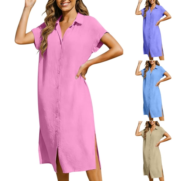 Sentmoon Womens Linen Dress Short Sleeve Solid Color Lapel Formal Women's Summer Dresses 2026 Button Down Loose Fit Stretchy Plus Size Boho Dress Beach Must Haves