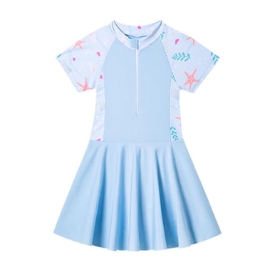 Yanlir Girls Short Sleeve Rashguard Swimsuits Kids UPF 50+ Sun Protection Swim Dress Zipper Sport Swimwear Skirted Bathing Suit 2-12 Years(Blue,3 Years)