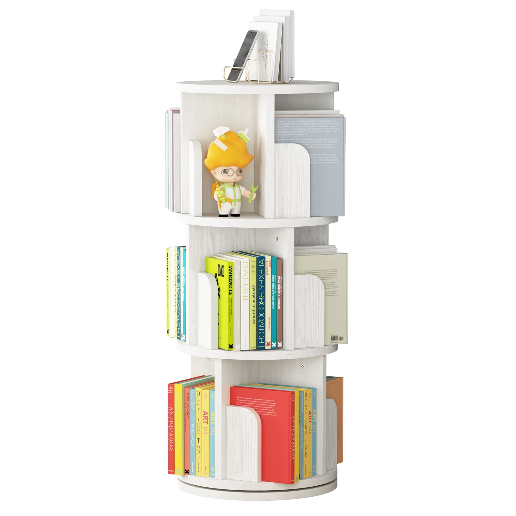 Eastvita 3-Tier Rotating 360 Display Bookcase Storage Rack for Adults - Corner Spinning Book Shelf for Small Spaces - White Wood Revolving Bookcase Organizer for Bedroom or Living Room