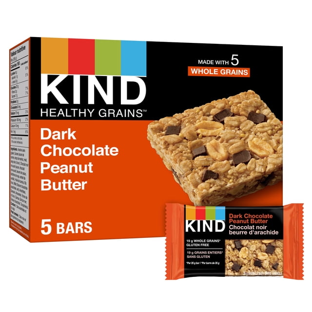 KIND Healthy Grains Bars Dark Chocolate Peanut Butter 35g 5 Count Box showing front-facing orange and black packaging with a close-up of a granola bar containing whole grains, roasted peanuts, and dark chocolate chunks, alongside an individually wrapped bar with bilingual gluten-free whole grain labeling, ideal for convenient on-the-go snacking.