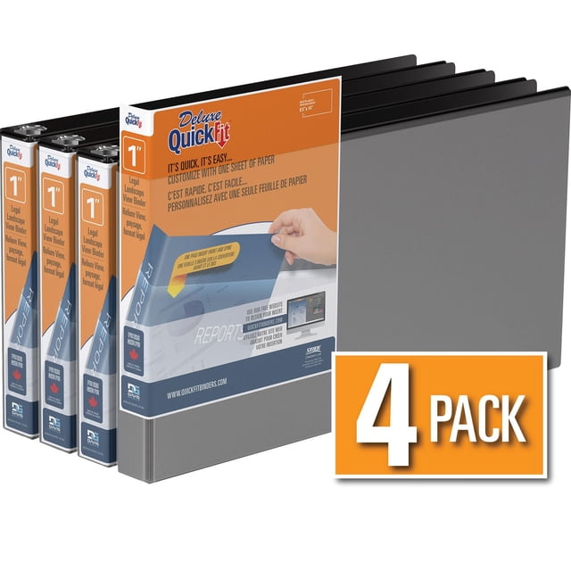QuickFit Heavy Duty Round Ring Legal Landscape Spreadsheet View Binder 4 Pack, 1 inch, showing four gray binders with customizable clear overlay covers for 8.5 x 14 inch landscape paper, back-mounted rings for flat page laying, made in Canada with recycled and antimicrobial materials, ideal for organizing legal spreadsheets and reports.