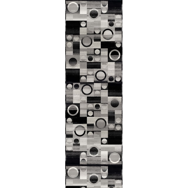 Rug Branch Montage 2' x 19' geometric indoor runner rug in black and grey featuring a checkered pattern with circles and rectangles in various shades, made from durable 100% olefin heatset material, suitable for entryways, hallways, kitchens, and bathrooms.