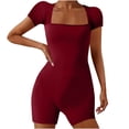 thumbnail image 1 of AherBiu Yoga Bodysuits for Women Square Neck Short Sleeve Slim Stretchy Workout Short Jumpsuits Rompers, 1 of 6