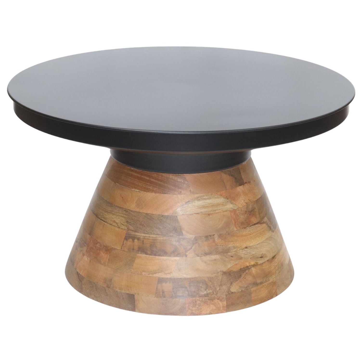 Modern Metal & Solid Wood Round Coffee Table - Black & Walnut