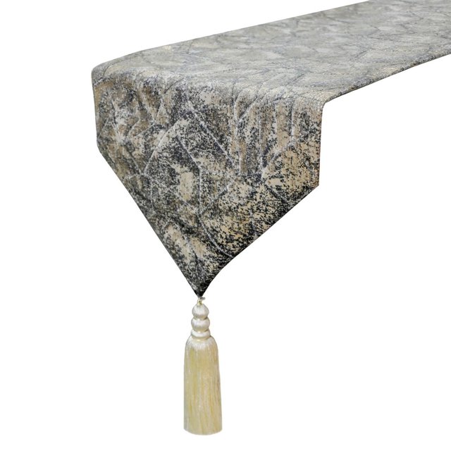 The HomeCentric Designer Silver Table Runner 4 Seater Table Runner (14 x 48 inch), Foil, Textured, Tassel, Jacquard fabric Table Linen, Abstract Pattern Modern Style - Silvery Stardust