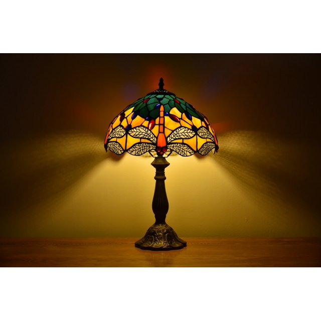 Tiffany Style Dragonfly Table Lamp Bedside LED Desk Lamp Bedroom Stained-Glass 18.1'' Height Bronze Multi-Color