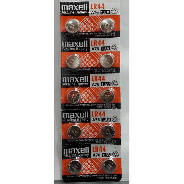 Maxell LR44 1.5 Volt Alkaline Button Cell Battery pack with 10 batteries in a vertical blister packaging. The packaging features 'LR44' and 'A76 1.5V' prominently on an orange and black design. Each battery is engraved with branding and specifications. Ideal for devices such as glucose monitors, digital thermometers, keyless remotes, calculators, watches, toys, and other electronics. Commonly referred to as coin or watch batteries.