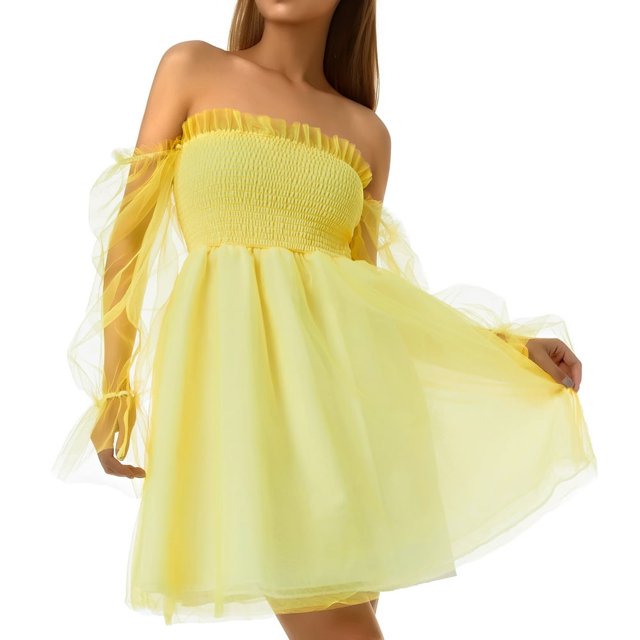 Robe Décontractée Femme Été Couleur Unie Col Carré Manches Longues Transparentes une-Pièce S/M/L/TG