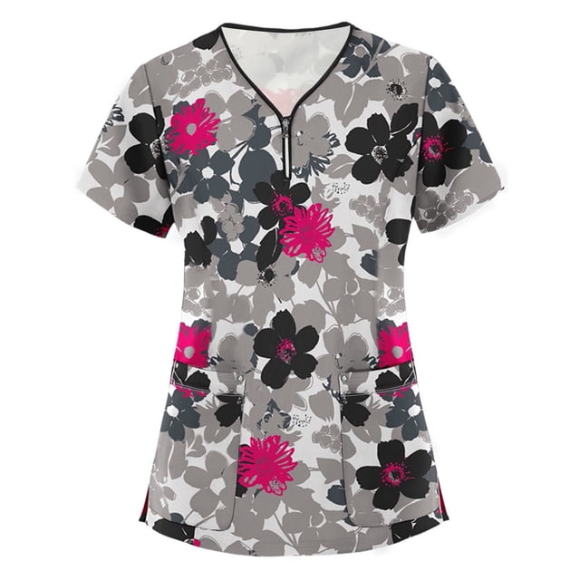 yievot Haut de Sarrau pour Femme à Manches Courtes, Col en V, Haut d'Uniforme de Travail, Blouse d'Infirmière avec Poche, Motif floral Gris avec Fleurs Noires, Blanches et Roses. Le Haut a une Encolure en V, des Manches Courtes et Deux Poches avant. Fabriqué en Matériau Léger et Doux, Il Convient aux Tenues de Travail et aux occasions Décontractées.