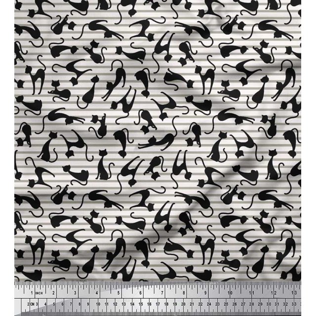 Soimoi Polyester Crepe Fabric Stripe & Cat Animal Decor Fabric Printed Yard 42 Inch Wide