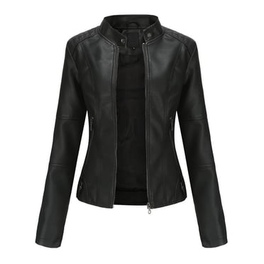 EGNMCR Womens Faux Leather Motorcycle Jacket Stand Collar Slim Zipper Solid Color Coats with Pockets