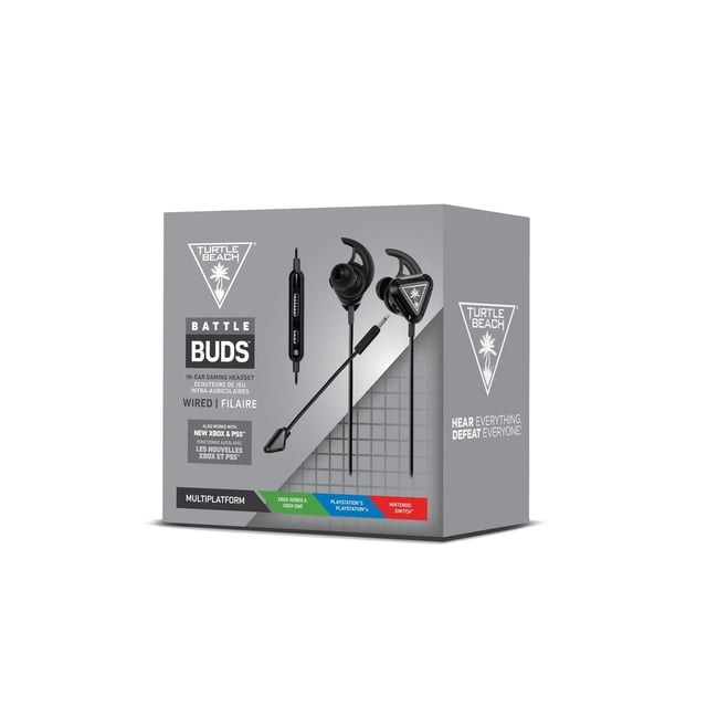 Turtle Beach Battle Buds wired in-ear gaming headset in black and silver with removable boom mic and inline controller for volume and mic mute, compatible with Nintendo Switch, Xbox Series X, Xbox One, PS5, PS4, and PC, shown on gray product packaging with brand logos and platform compatibility.