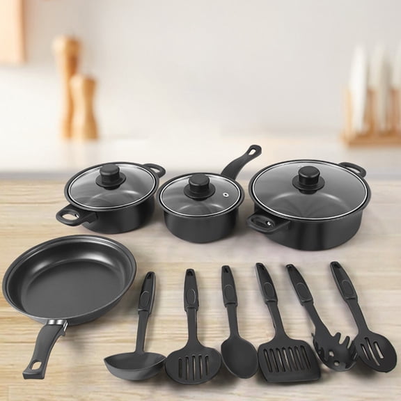 LHNFT Ensemble de Treize Pièces de Batterie de Cuisine Marmite Casserole à Lait Poêle Antiadhésive Ensemble de Spatules Grès Maifan Ensemble Multipièces