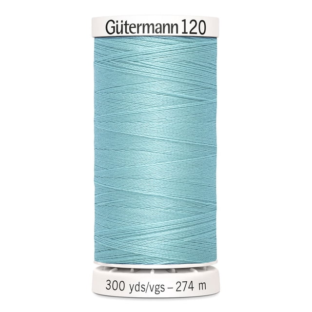 Gutermann 120 100% polyester all purpose thread spool in light blue, tightly wound with 300 yards (274 meters) length, ideal for sewing woven, knit, and synthetic fabrics, also suitable for craft and DIY projects.