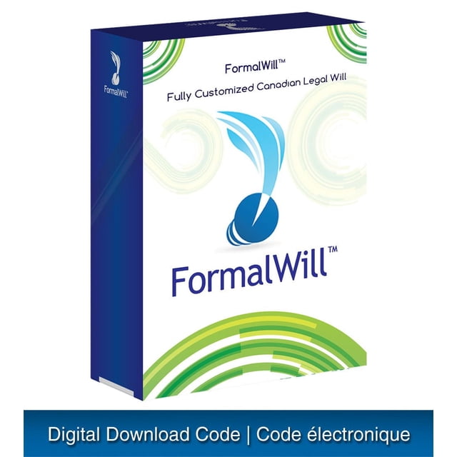 FormalWill™ Fully Customized Canadian Legal Will Kit box with blue feather quill logo and green circular designs, indicating a digital download code for a legal will service customized for all Canadian provinces and territories.