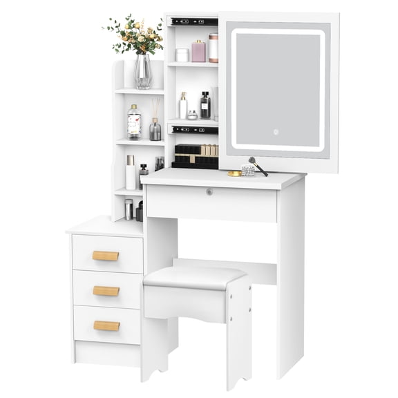 Vanity Desk with Sliding Mirror & LED Lights - Makeup Dressing Table with Drawers, Shelves and Hidden Storage for Bedroom