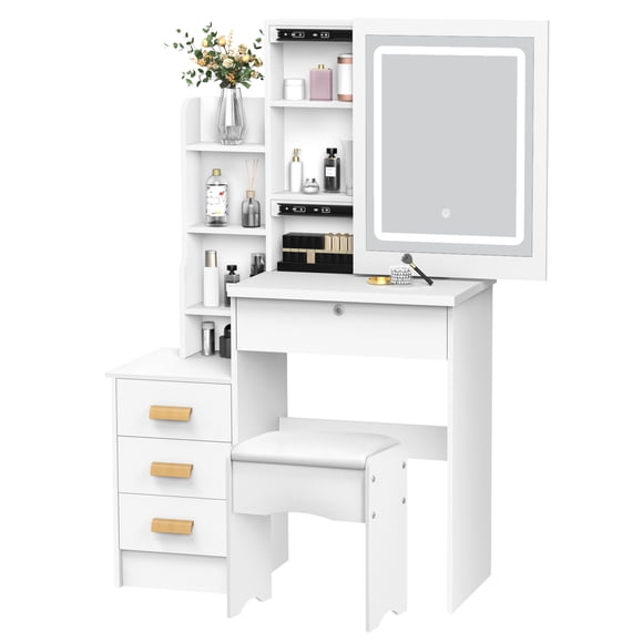 Coiffeuse avec Miroir Coulissant et Lumières DEL - Table de Maquillage avec Tiroirs, Étagères et Rangement Caché pour Chambre